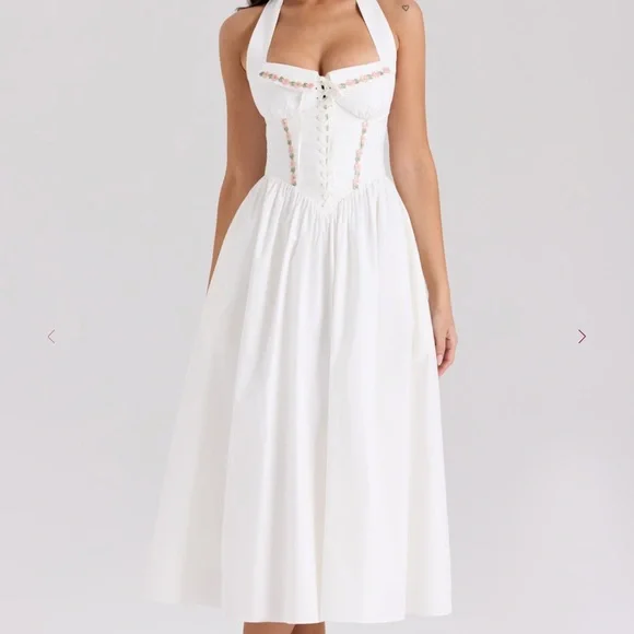 House of CB Emilia White Cotton Halter Neck Midi Dress - Picture 2 of 7